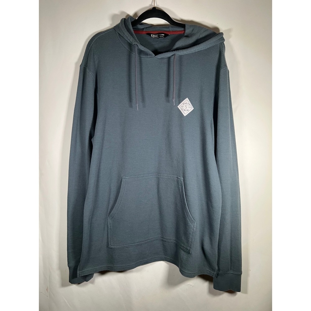 Salty Crew Mens XL Waffle Knit Hoodie Charcoal Gray Blue Thermal Pullover Logo